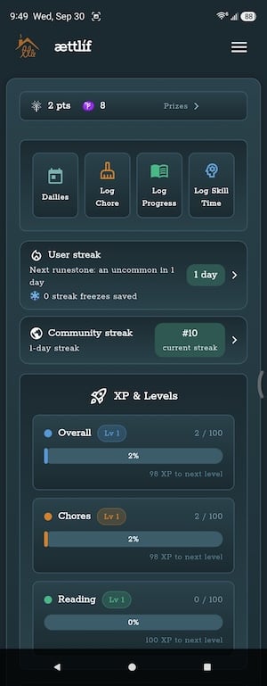 Screenshot of the ættlíf dashboard showing household chores.