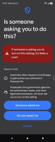 Android scam warning asking "Is someone asking you to do this?"