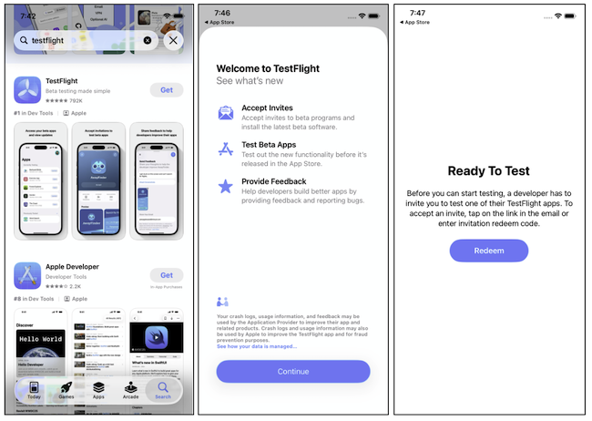 Three screenshots of my iPhone 11 showing the steps to use TestFlight