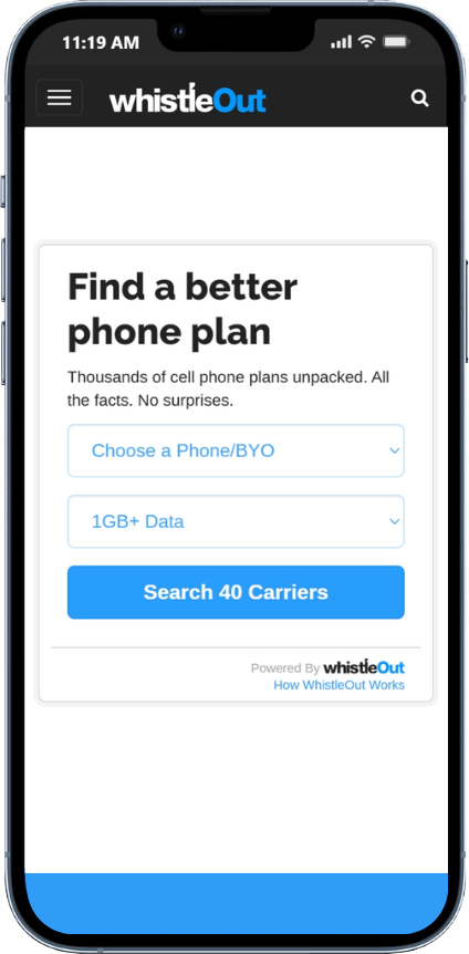 The "Find a better phone plan" search widget, powered by WhistleOut, on a phone